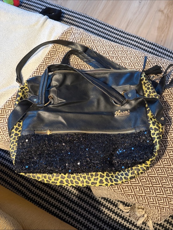 Handbags - Black & Yellow Leopard Sequin Accent Tote Bag
